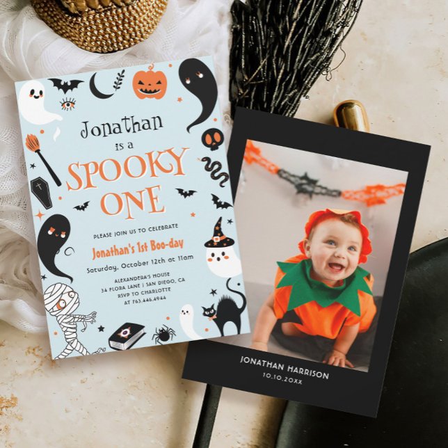 Blue Boy Photo Halloween Spooky One 1st Birthday Invitation (Creator Uploaded)