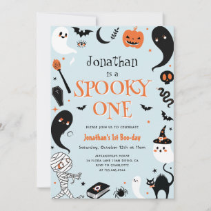 Blue Boy Photo Halloween Spooky One 1st Birthday Invitation