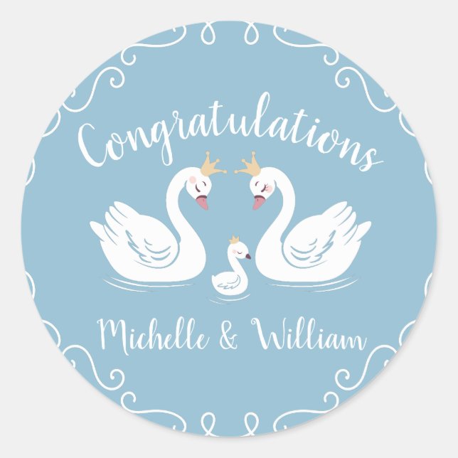 Blue Boy Swan Baby Shower Classic Round Sticker (Front)