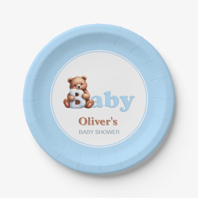 Blue Boy Teddy Bear Baby Shower Paper Plate (Front)