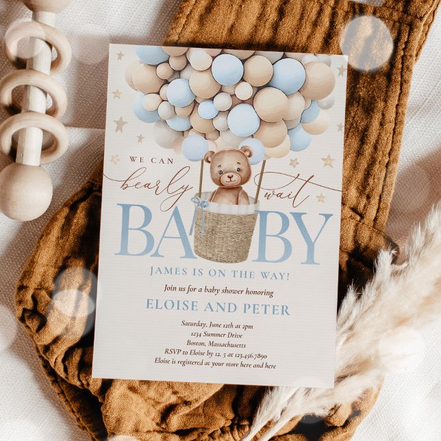 Blue Boy Teddy Bear Balloon Baby Shower Invitation (Creator Uploaded)