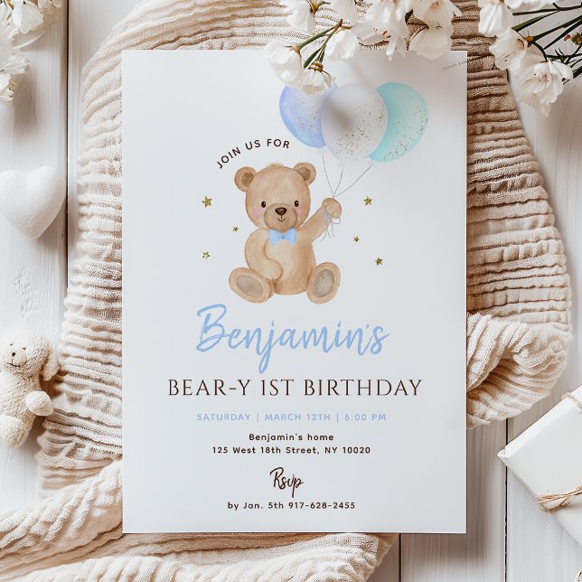 Blue Boy Teddy Bear Balloon First Birthday Invitation (Creator Uploaded)