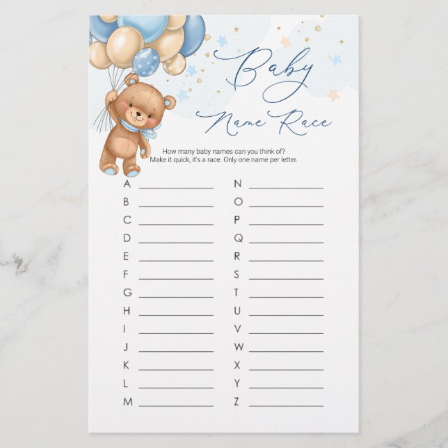 Blue Boy Teddy Bear Balloons Baby Name Race Game (Front)