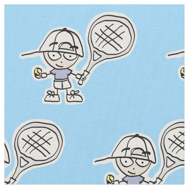 Blue boy tennis player cartoon fabric for kids (Close Up)