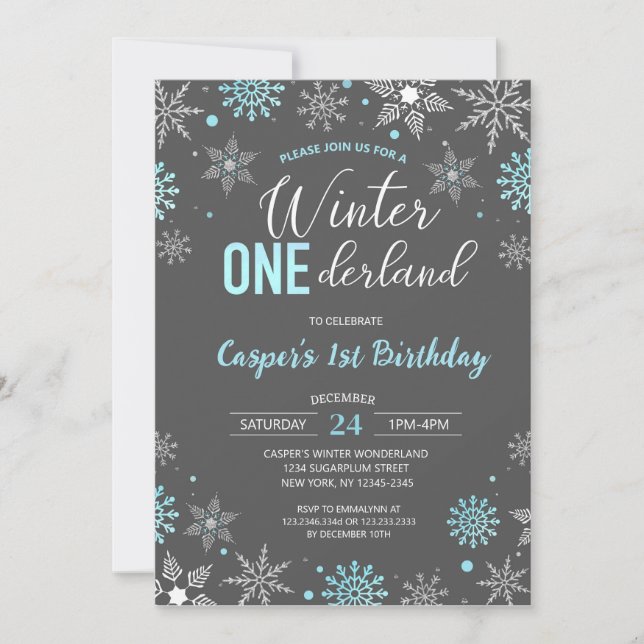 Blue Boy Winter Onederland Snowflake 1st Birthday Invitation (Front)