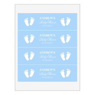 Blue boys baby feet footprints custom babyshower water bottle label