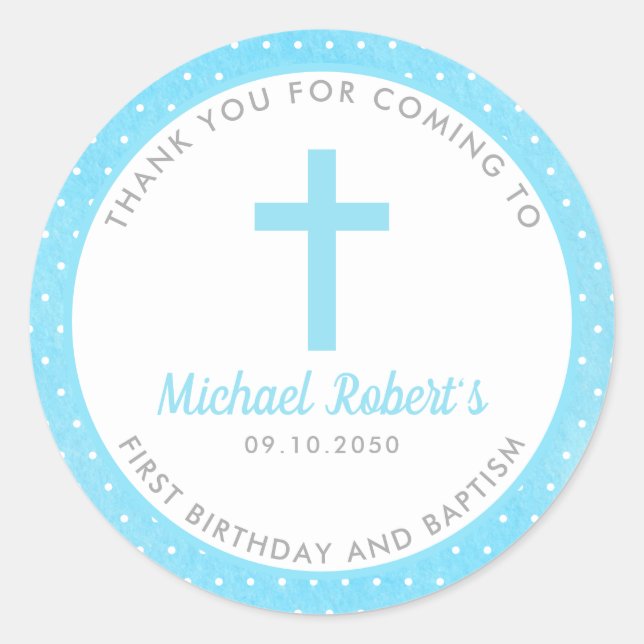 Blue Boys Baptism Christening Favour Thank You Classic Round Sticker (Front)