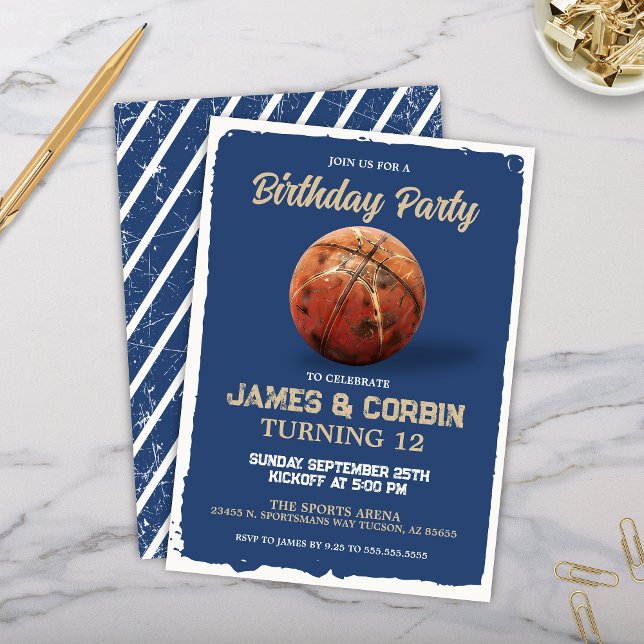 Blue Boys Basketball Theme Double Birthday Party Invitation (Blue Basketball Theme Dual Double Birthday Parrty Invitation Boys Birthday Invites)