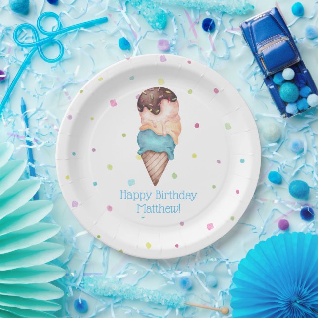 Blue Boys Ice Cream Birthday Party Paper Plate (Party)