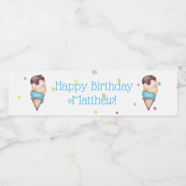 Blue Boys Ice Cream Birthday Party Water Bottle Label (Single Label)