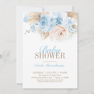 Blue Boys Pampas Grass Baby Shower Invitation