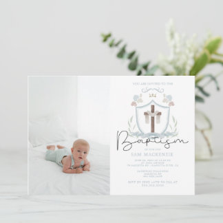 Blue boys photo first baptism invitation