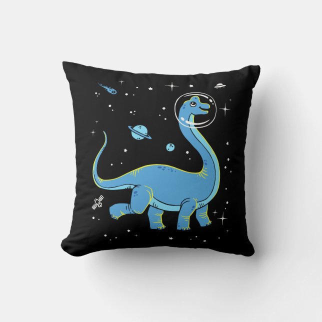 Blue Brachiosaurus Dinos In Space Throw Pillow (Front)
