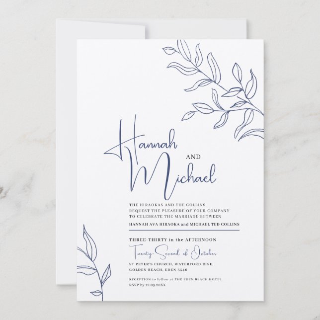 Blue branch of leaves sketch wedding invitation (Front)
