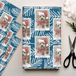 Blue Branches Merry Calligraphy Photo white type Wrapping Paper Sheet<br><div class="desc">Use a vertical photo to make a unique and trendy Merry Christmas greeting with a bright and joyful pine branch pattern on the back. This design has an abstract feel to it with painted elements and a handwritten font. If you need to move anything around, click on the customize button...</div>