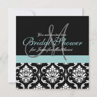 Blue Bridal Shower Monogram Damask Invitations