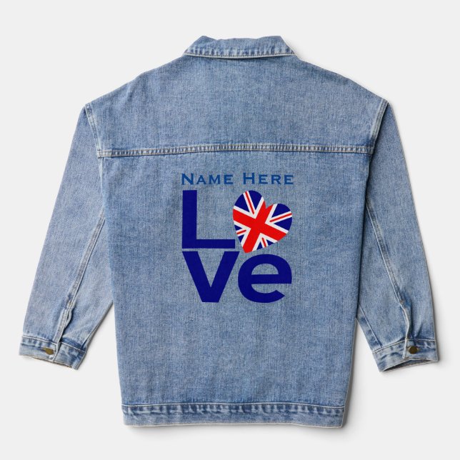 Blue British LOVE Heart Flag Personalized  Denim Jacket (Back)