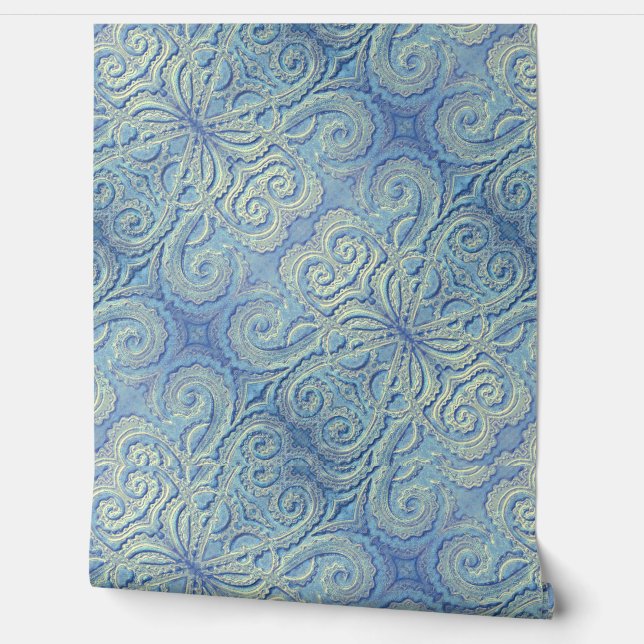 Blue Brocade pattern vinyl wallpaper (Unrolling)