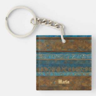 Blue Bronze and Gold Grunge Stripes Keychain