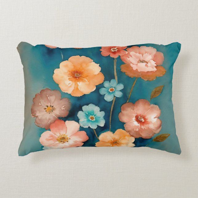 Blue, Bronze and Rust Floral Accent Pillow (Front)
