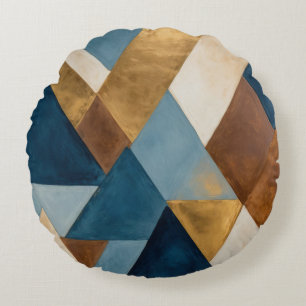 Blue bronze cream and gold geometric abstract round pillow
