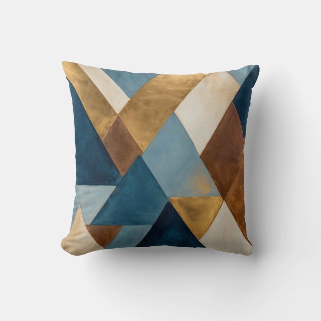 Blue bronze cream and gold geometric abstract throw pillow (Front)