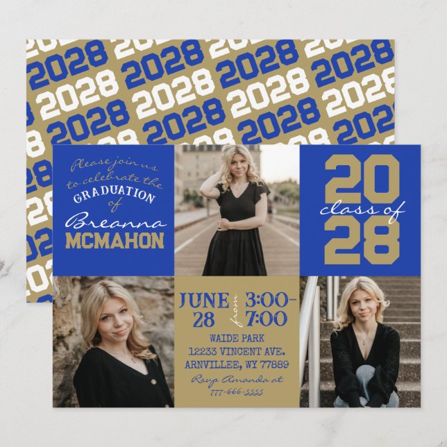 Blue & Bronze Gold 3 Photo Graduation Invitation (Front/Back)