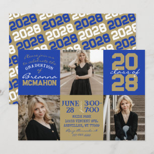 Blue & Bronze Gold 3 Photo Graduation Invitation