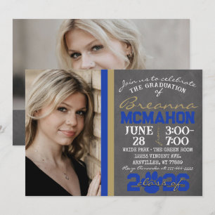 Blue & Bronze Gold Paw Print Graduation 2 Photo Invitation