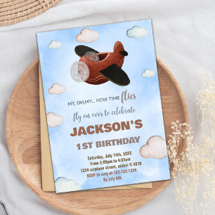 Blue Brown Airplane Birthday Invitations