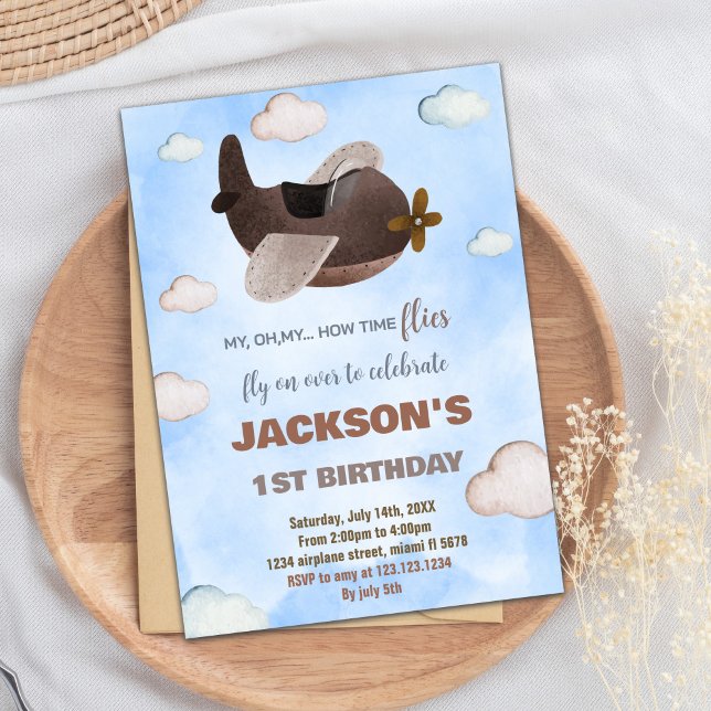 Blue Brown Airplane Birthday Invitations (Blue Brown Airplane Birthday Invitations)