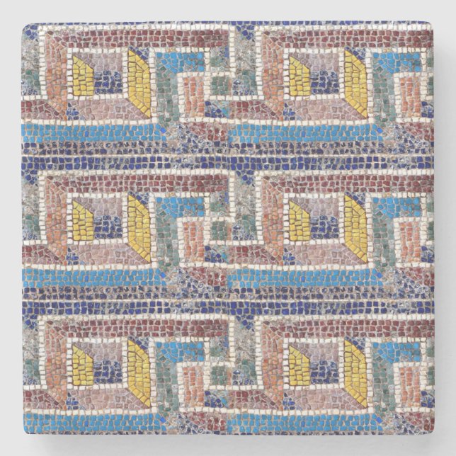 Blue brown and Yellow Mosaic Print Stone Coaster (Front)