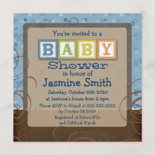 Blue brown baby blocks shower invitations