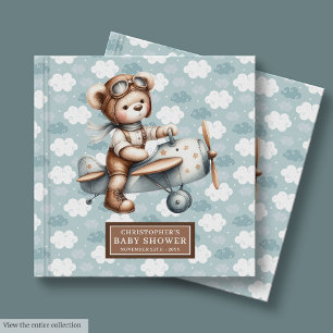 Blue Brown Baby Shower Guest Book Teddy Bear Pilot