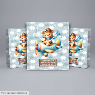 Blue Brown Bear Baby Shower Gift Bag With Name