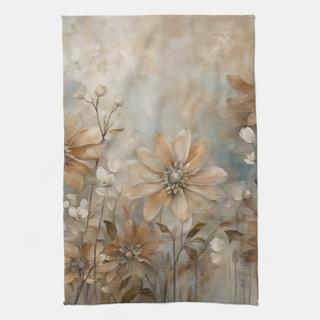 Blue Brown Beige Farmhouse Floral  Kitchen Towel (Vertical)