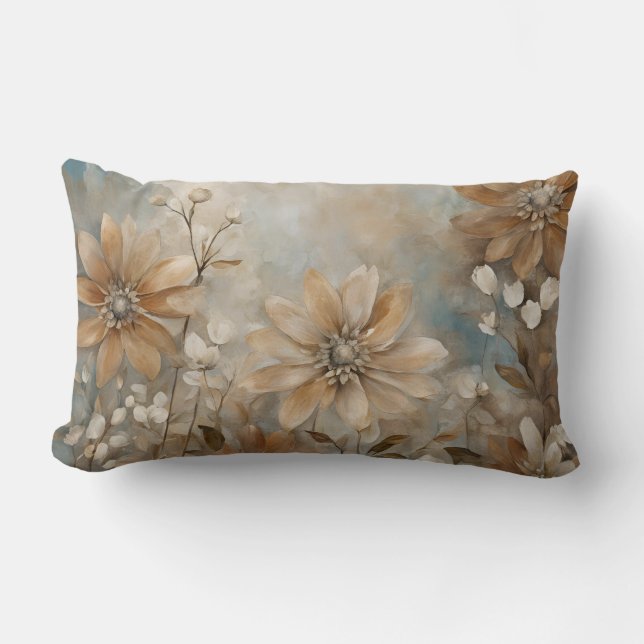 Blue Brown Beige Farmhouse Floral Lumbar Pillow (Front)
