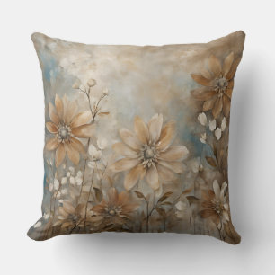 Blue Brown Beige Farmhouse Floral Throw Pillow