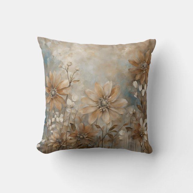 Blue Brown Beige Farmhouse Floral Throw Pillow (Front)