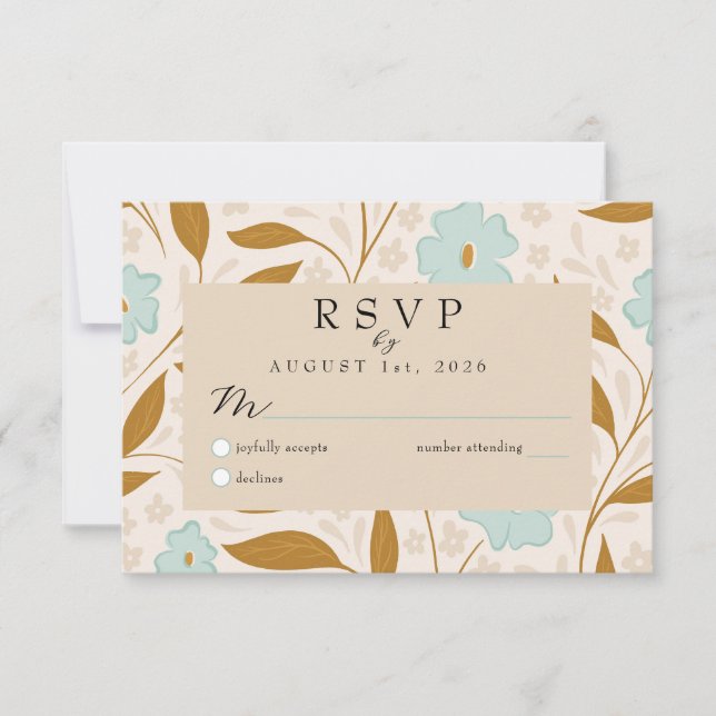 Blue Brown Boho Floral Wedding RSVP Response Card (Devant)