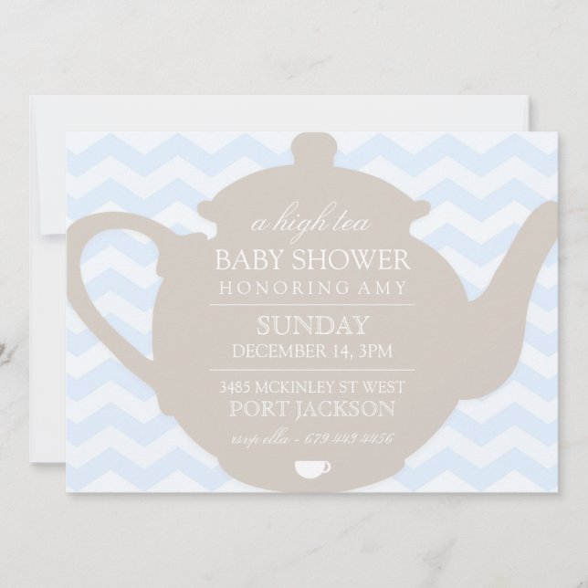 Blue & Brown Chevron High Tea Baby Shower Invite (Front)
