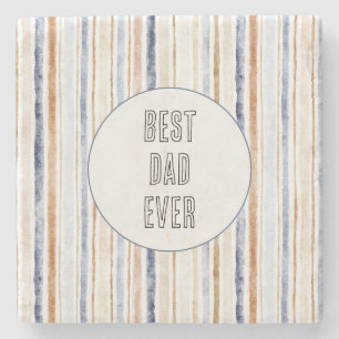Blue Brown Cream Stripes Best Dad Ever Stone Coaster