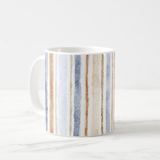 Blue Brown Cream Stripes Coffee Mug (Front Left)