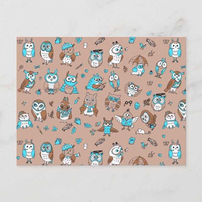 Blue brown cute owls pattern postcard (Front)
