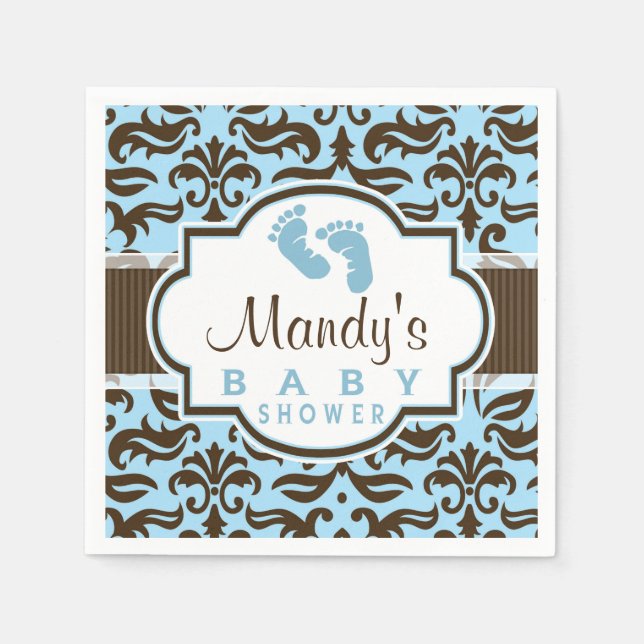Blue & Brown Damask Baby Shower Napkin (Front)