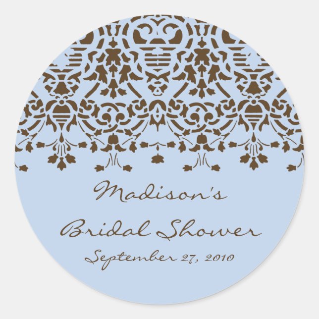 Blue & Brown Damask Bride Shower Sticker (Front)