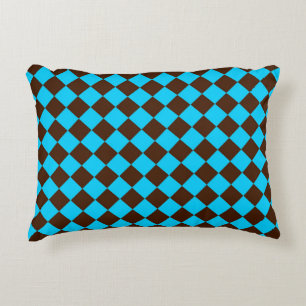 Blue Brown Diamond Chequered Pattern Accent Pillow