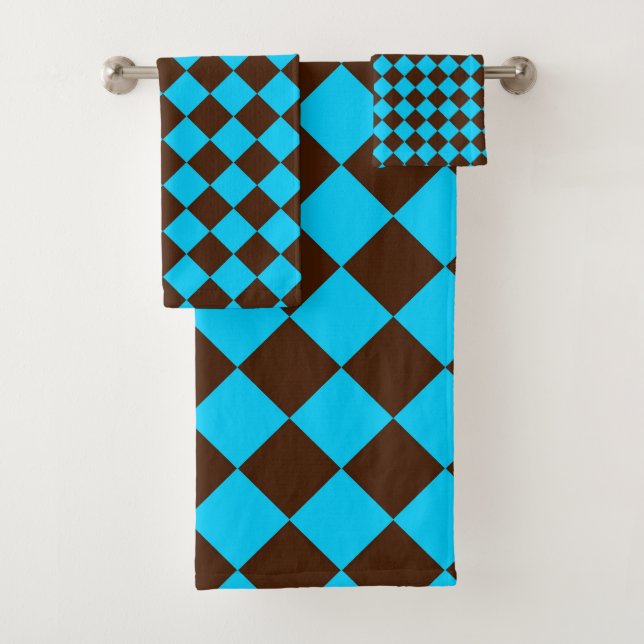 Blue Brown Diamond Chequered Pattern Bath Towel Set (Insitu)