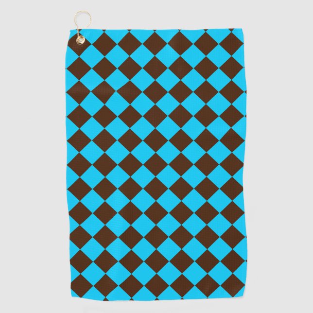 Blue Brown Diamond Chequered Pattern Golf Towel (Front)