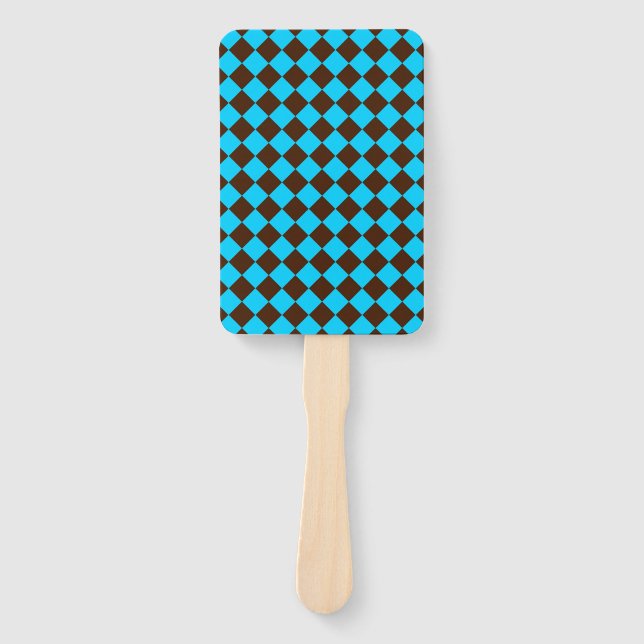 Blue Brown Diamond Chequered Pattern Hand Fan (Front)